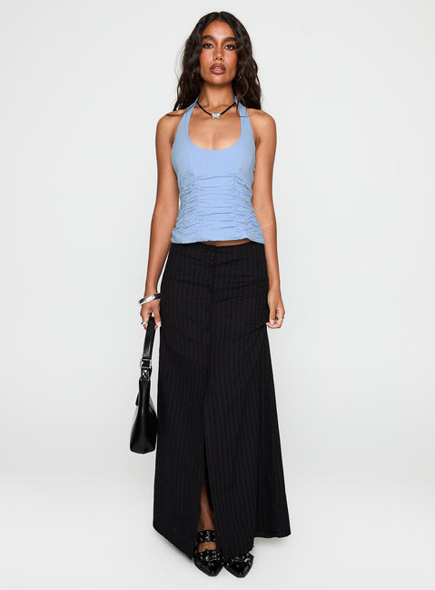 front view of model wearing Princess Polly Nataliya Halter Top Blue Sleeveless Scoop Neck 