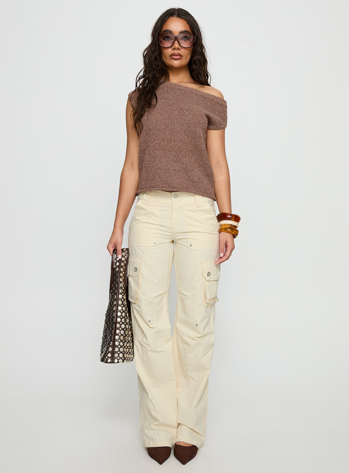 front view of model wearing Princess Polly Remmi Cargo Pants Cream Mid Rise Pants Pants 
