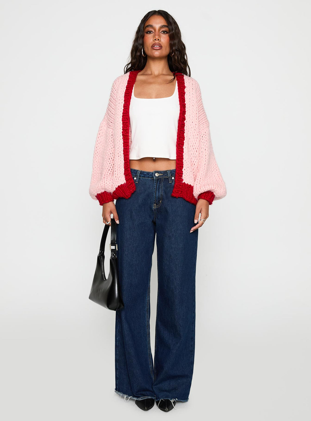 front view of model wearing Princess Polly Lester Knit Cardigan Pink / Red Longline Jumpers Jumpers 