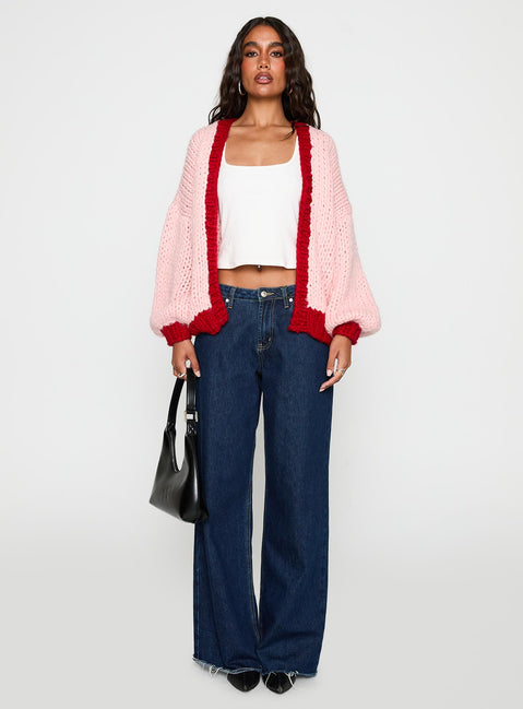front view of model wearing Princess Polly Lester Knit Cardigan Pink / Red Longline Jumpers Jumpers 