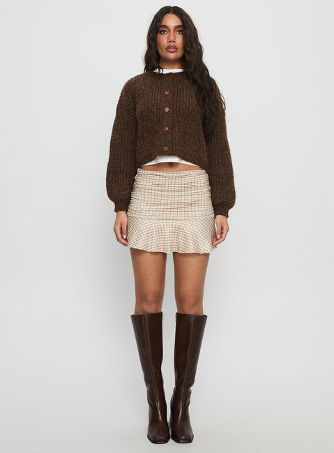   side view of model wearing Princess Polly Celebrations Mini Skirt Beige Check Mini Skirts Skirts 
