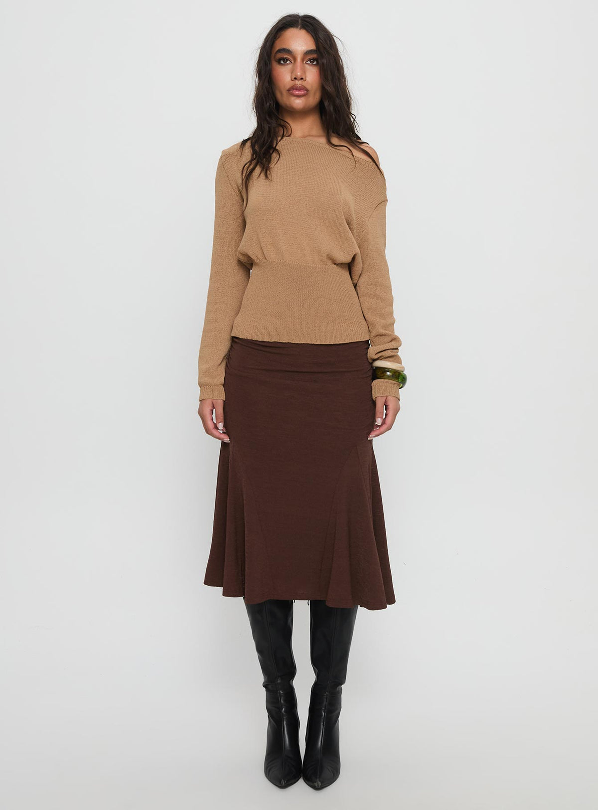   front view of model wearing Princess Polly Lewish Low Rise Midi Skirt Chocolate Midi Skirts Skirts 