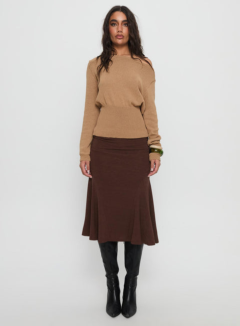   front view of model wearing Princess Polly Lewish Low Rise Midi Skirt Chocolate Midi Skirts Skirts 