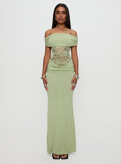 front view of model wearing Princess Polly Gwendolen Off The Shoulder Maxi Dress Green Straight Neck 