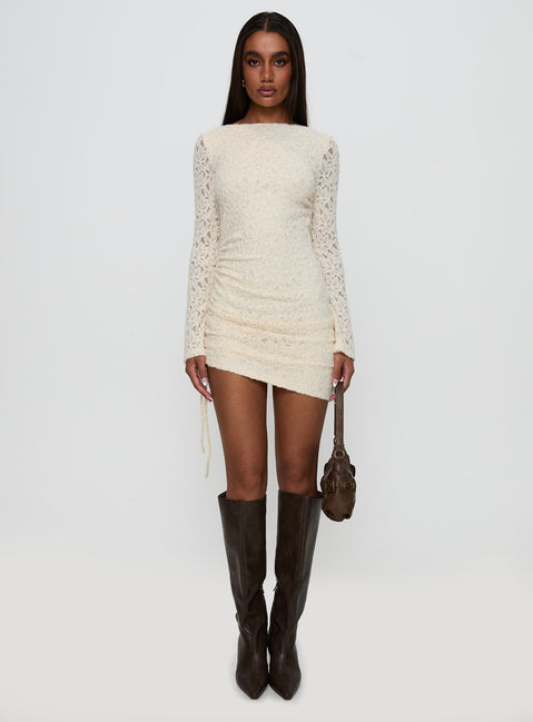 front view of model wearing Princess Polly Que Sera Long Sleeve Mini Dress Cream Boat Neck 