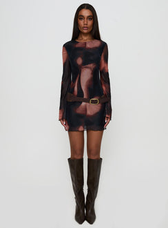 side view of model wearing Princess Polly Nyxia Long Sleeve Mini Dress Multi Scoop Neck 