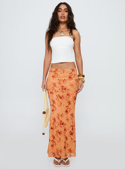   front view of model wearing Princess Polly Shepherd Maxi Skirt Orange Multi Maxi Skirts Skirts 