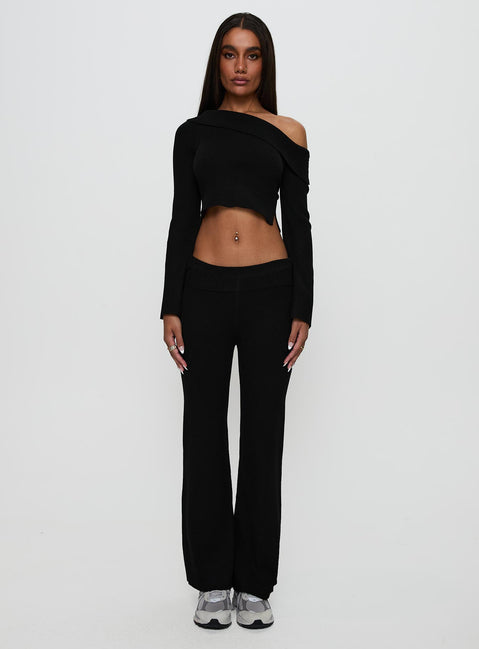 side view of model wearing Princess Polly Try Me Knit Pants Black Low Rise Pants Pants 
