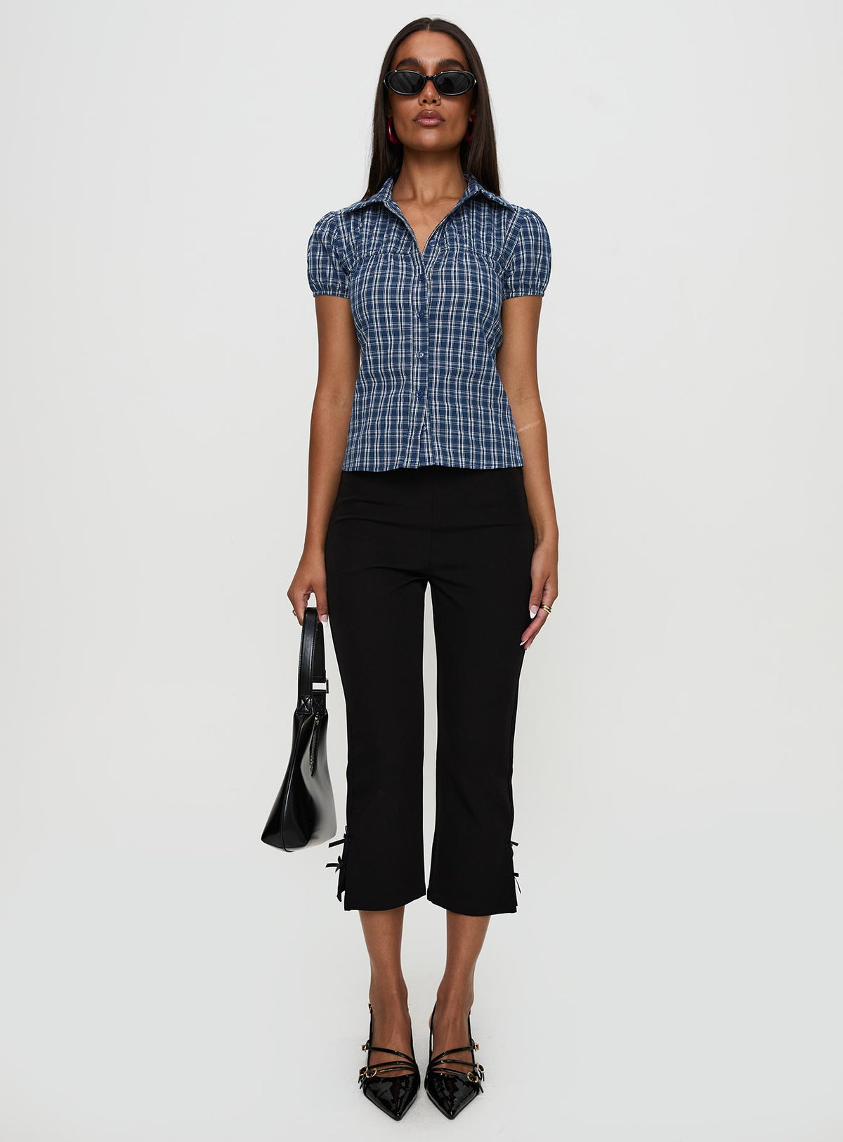 front view of model wearing Princess Polly Separate Scenes Button Up Top Blue Check Short Sleeves V-Neck 