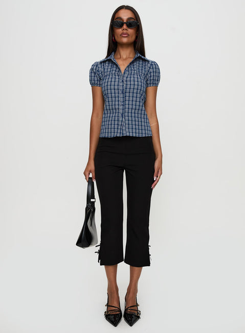 front view of model wearing Princess Polly Separate Scenes Button Up Top Blue Check Short Sleeves V-Neck 