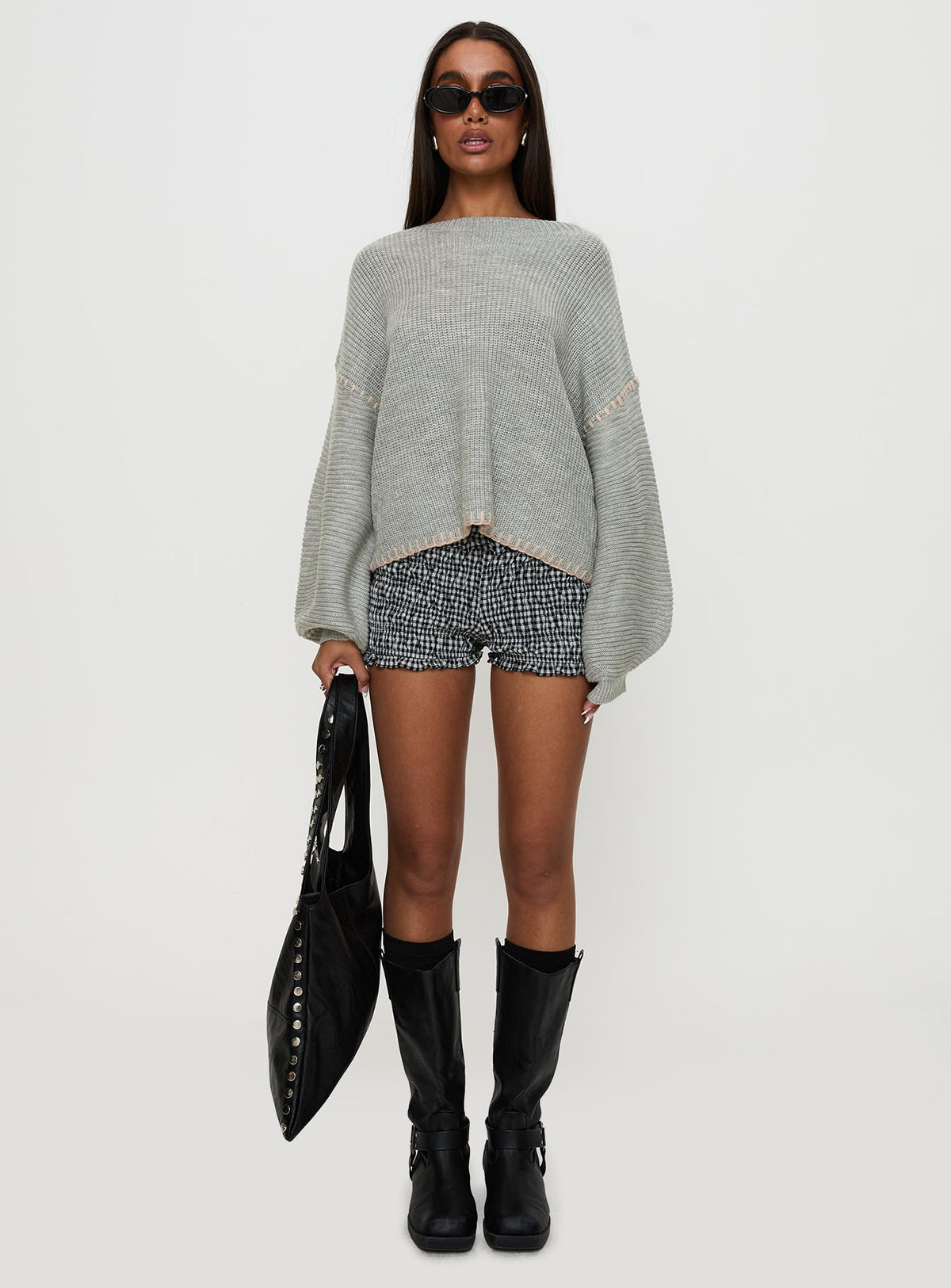 front view of model wearing Princess Polly Baby I'm Back Knit Sweater Grey / Pink Jumpers 
