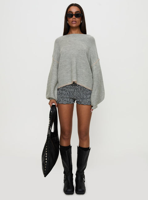 front view of model wearing Princess Polly Baby I'm Back Knit Sweater Grey / Pink Jumpers 