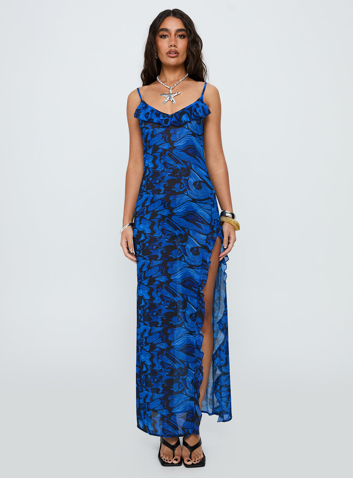 What A Thrill Split Detail Maxi Dress Blue Multi