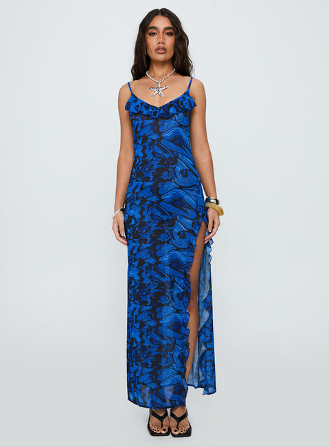 What A Thrill Split Detail Maxi Dress Blue Multi