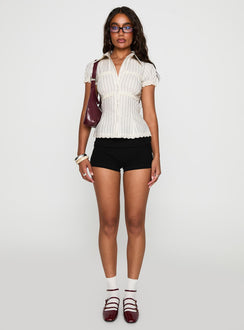 front view of model wearing Princess Polly Deserve You Puff Sleeve Button Front Top Cream Stripe Short Sleeves V-Neck 