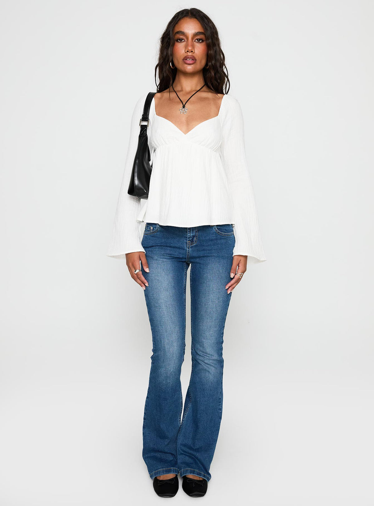 front view of model wearing Princess Polly Khalea Long Sleeve Top White Full Sleeves Sweetheart 