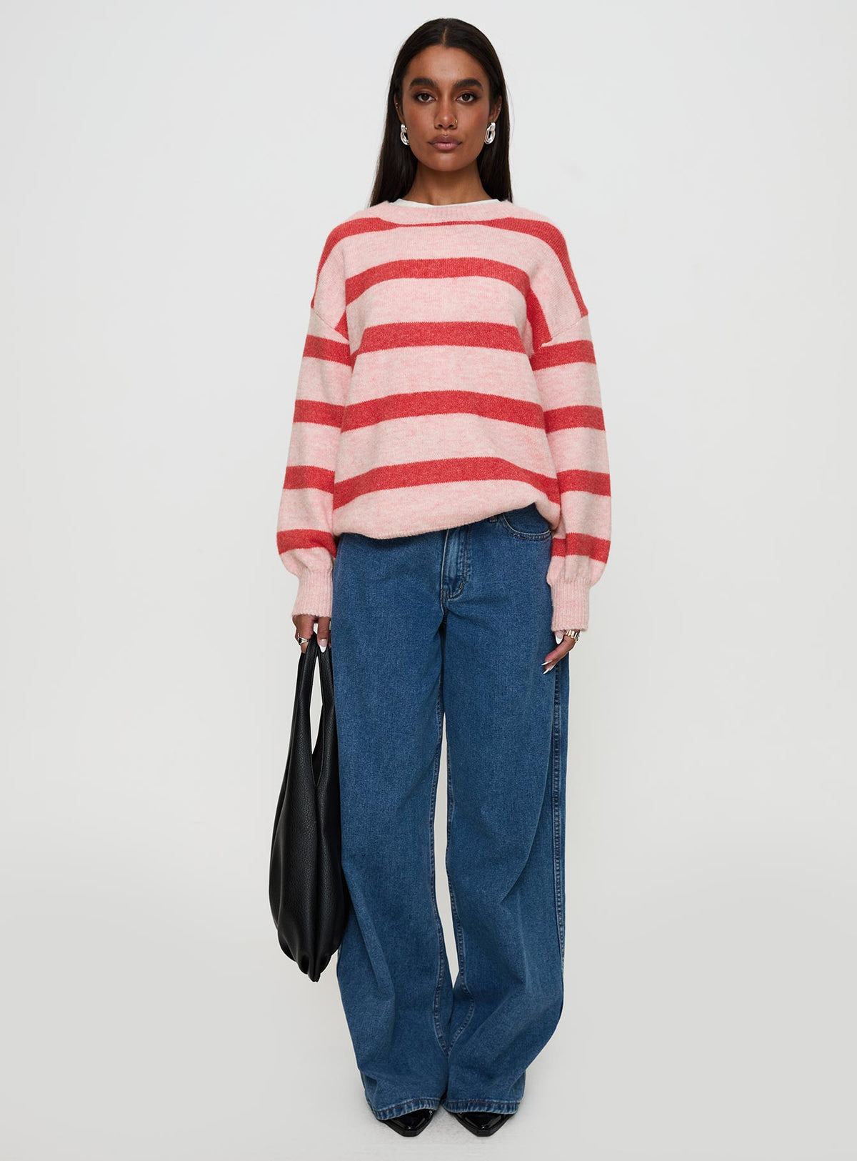 front view of model wearing Princess Polly Ryanna Sweater Pink / Red Stripe Jumpers 