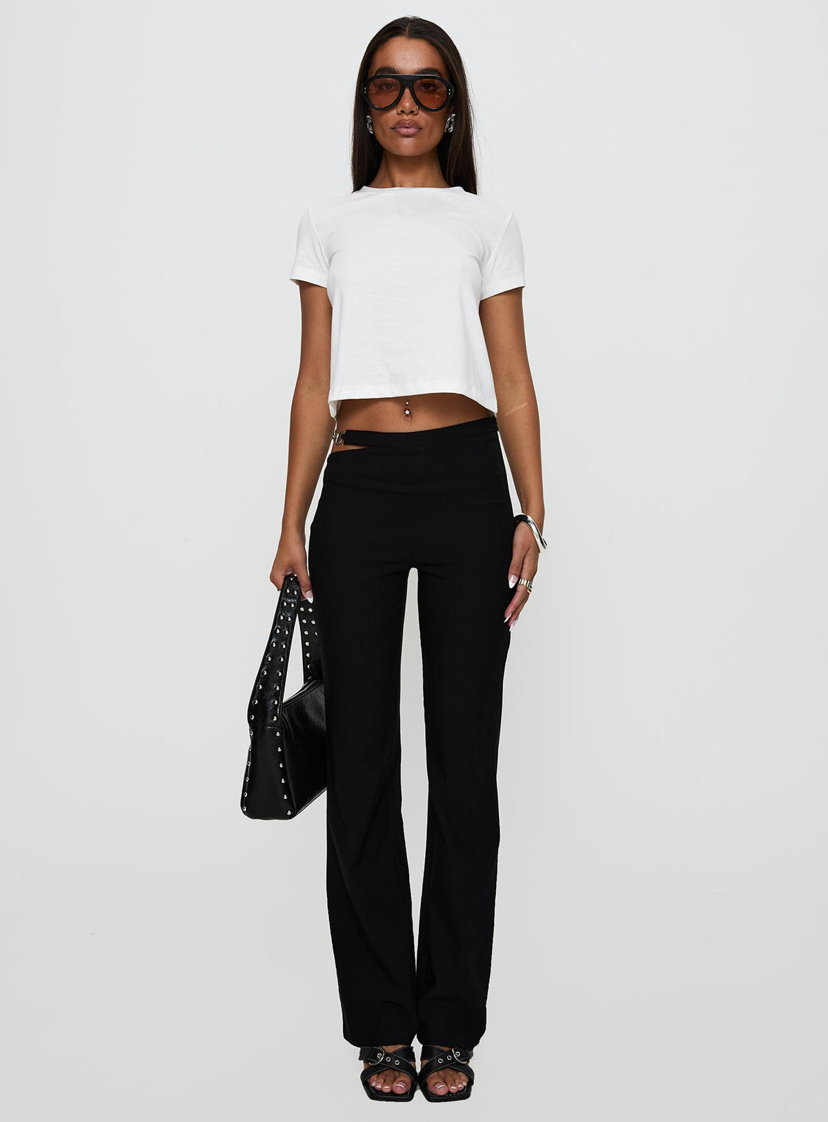 front view of model wearing Princess Polly Eyes On You Flare Pants Black High Rise Pants Pants 