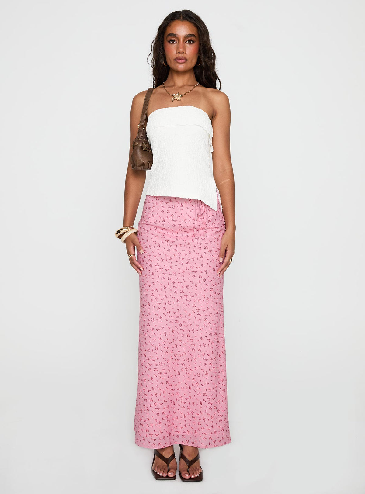   front view of model wearing Princess Polly Gorgina Tie Maxi Skirt Pink Multi Maxi Skirts Skirts 
