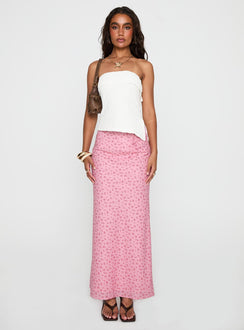   front view of model wearing Princess Polly Gorgina Tie Maxi Skirt Pink Multi Maxi Skirts Skirts 