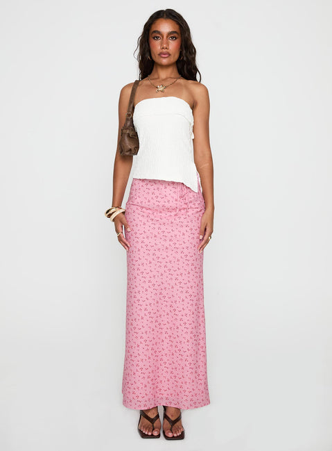   front view of model wearing Princess Polly Gorgina Tie Maxi Skirt Pink Multi Maxi Skirts Skirts 