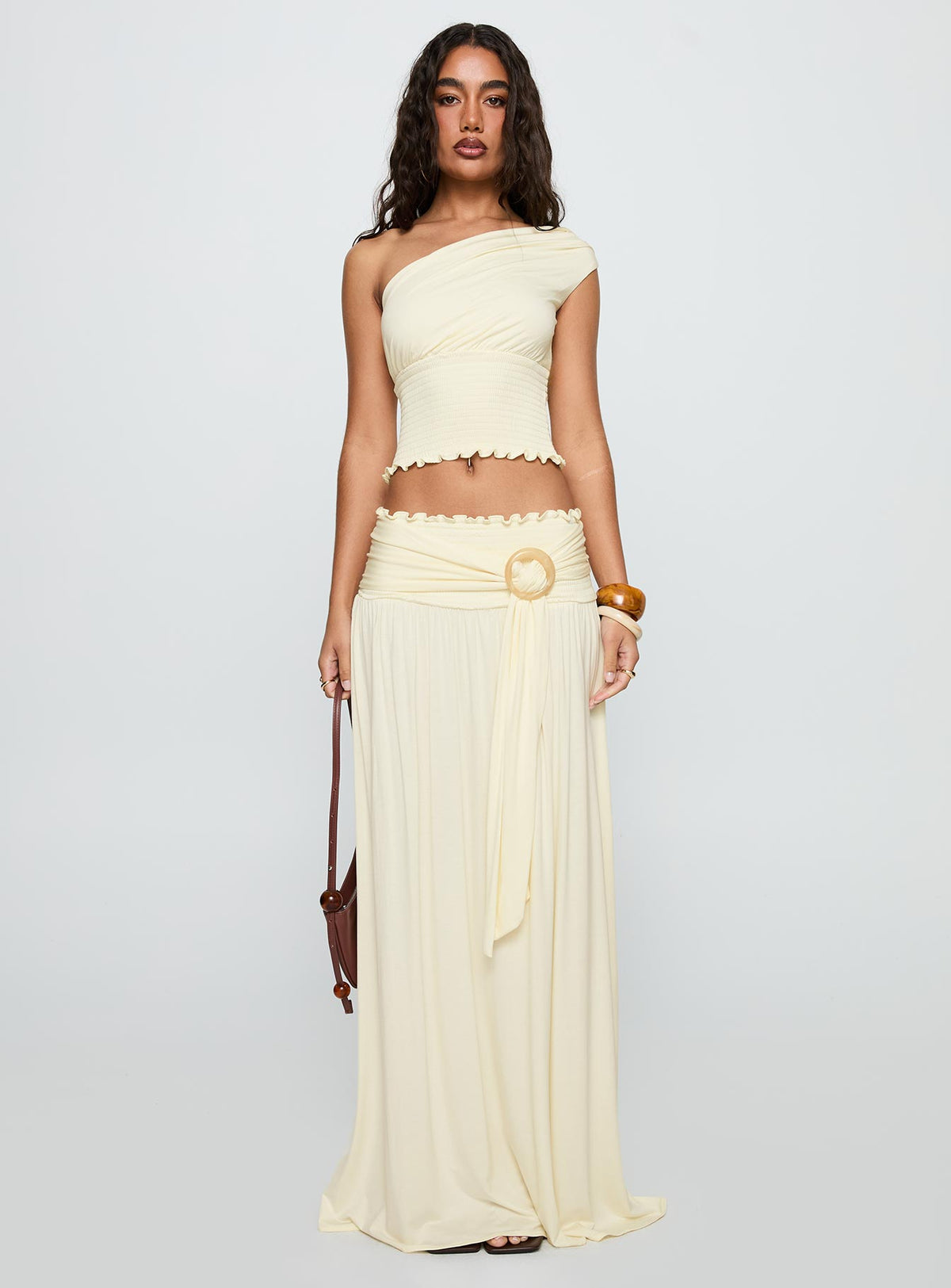   front view of model wearing Princess Polly Full Orbit Shirred Maxi Skirt Cream Maxi Skirts Skirts 