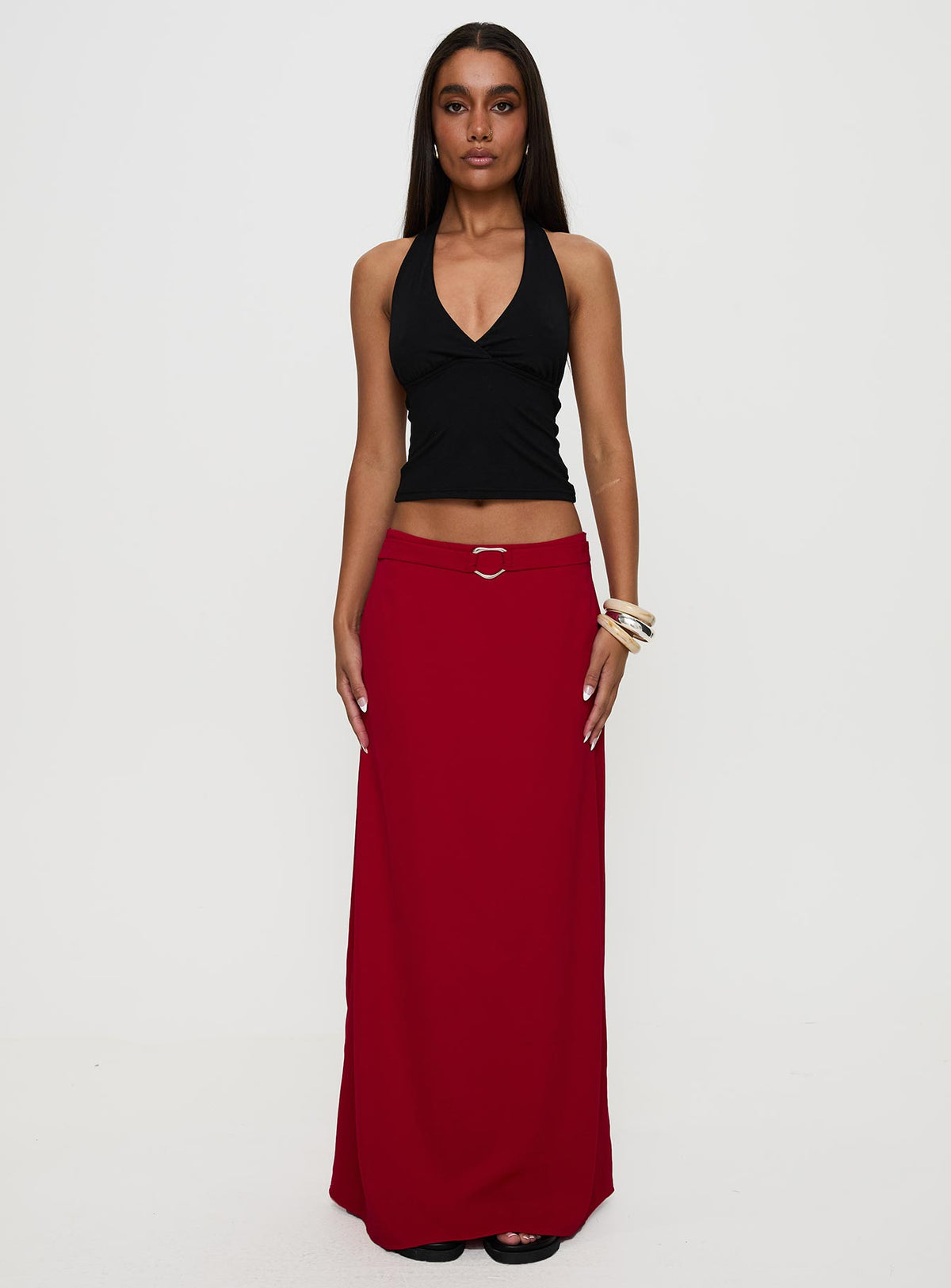   front view of model wearing Princess Polly Devoted Maxi Skirt Red Maxi Skirts Skirts 