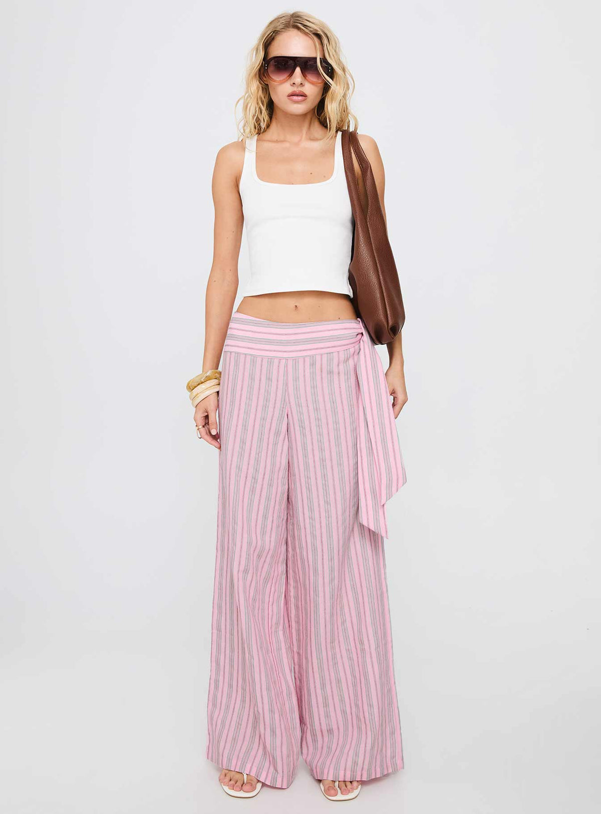 front view of model wearing Princess Polly Wave Dancer Tie Pant Pink Stripe High Rise Pants Pants 
