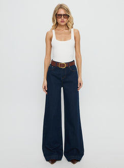 front view of model wearing Princess Polly Goldie High Rise Wide Leg Jeans Indigo High Rise Jeans Jeans 
