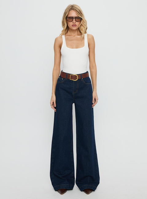 front view of model wearing Princess Polly Goldie High Rise Wide Leg Jeans Indigo High Rise Jeans Jeans 
