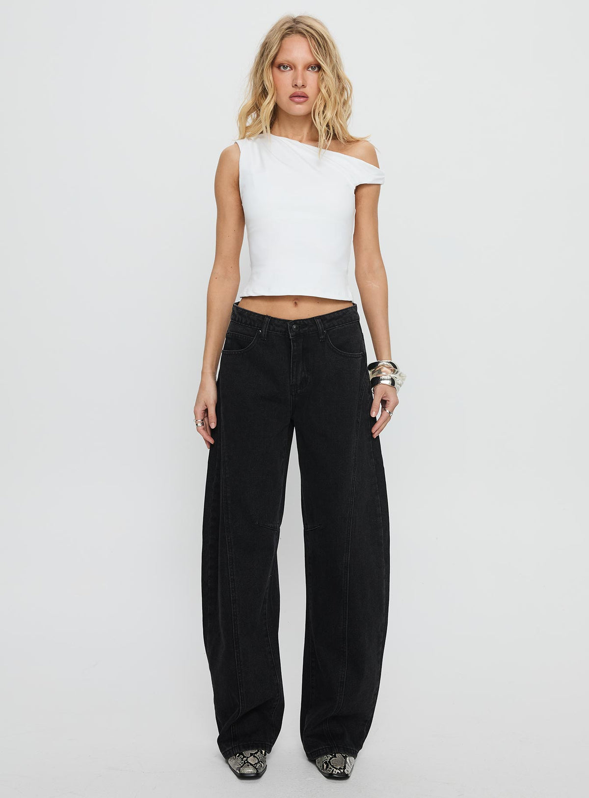 Lost Track Mid Rise Barrel Leg Jeans Washed Black Mid Rise Jeans Jeans 