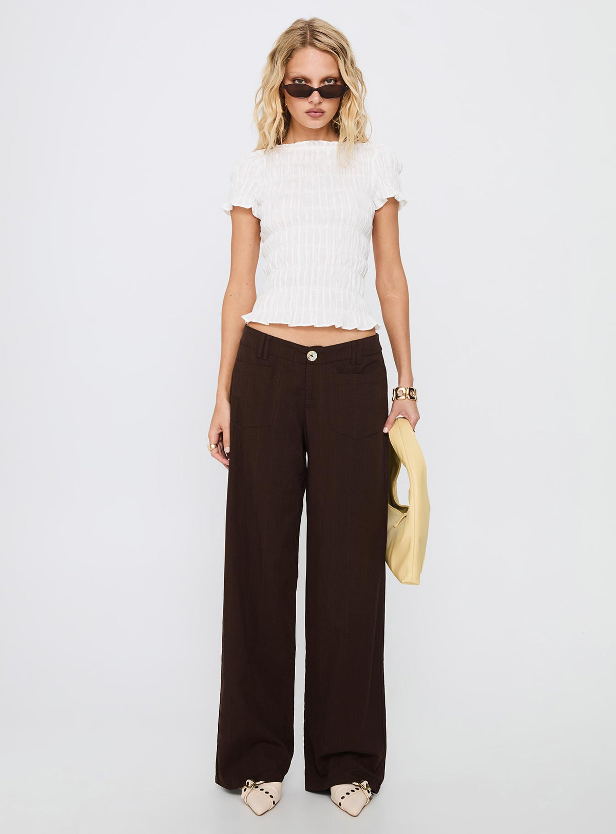 front view of model wearing Princess Polly Vendi Low Rise Pant Chocolate Low Rise Pants Pants 