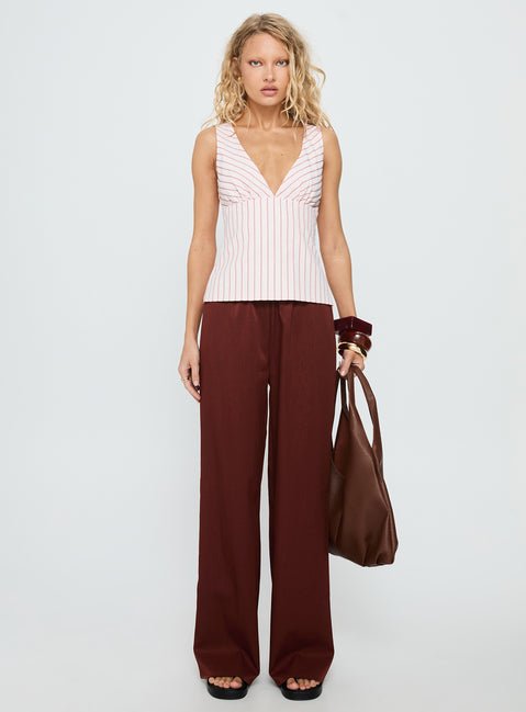 front view of model wearing Princess Polly Dorie Straight Leg Pants Chocolate High Rise Pants Pants 