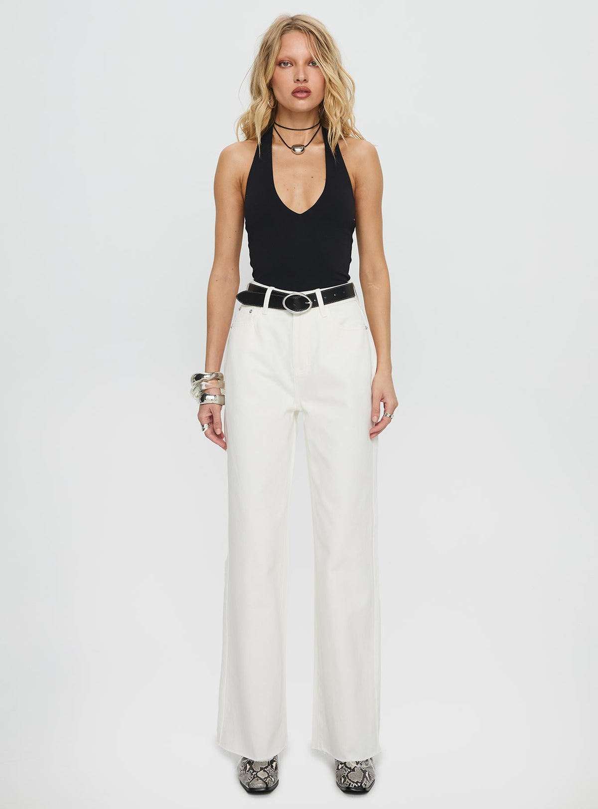 front view of model wearing Princess Polly Henesey High Rise Straight Leg Jeans White Wash High Rise Jeans Jeans 