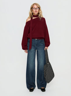 side view of model wearing Princess Polly Ruthi Scarf Off Shoulder Knit Sweater Burgundy Cropped Jumpers Jumpers 