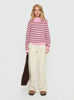 side view of model wearing Princess Polly Kaylei Zip Through Cardigan Pink Stripe regular Jumpers 