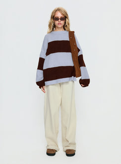 front view of model wearing Princess Polly Bastien Crew Neck Knit Sweater Blue / Chocolate Stripe Longline Jumpers Jumpers 