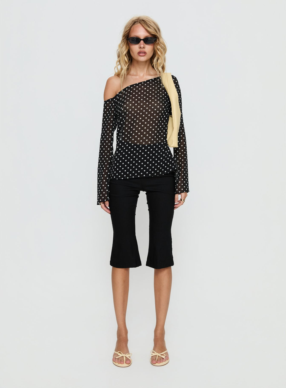 Shiona Sheer One Shoulder Long Sleeve Top Black Polka