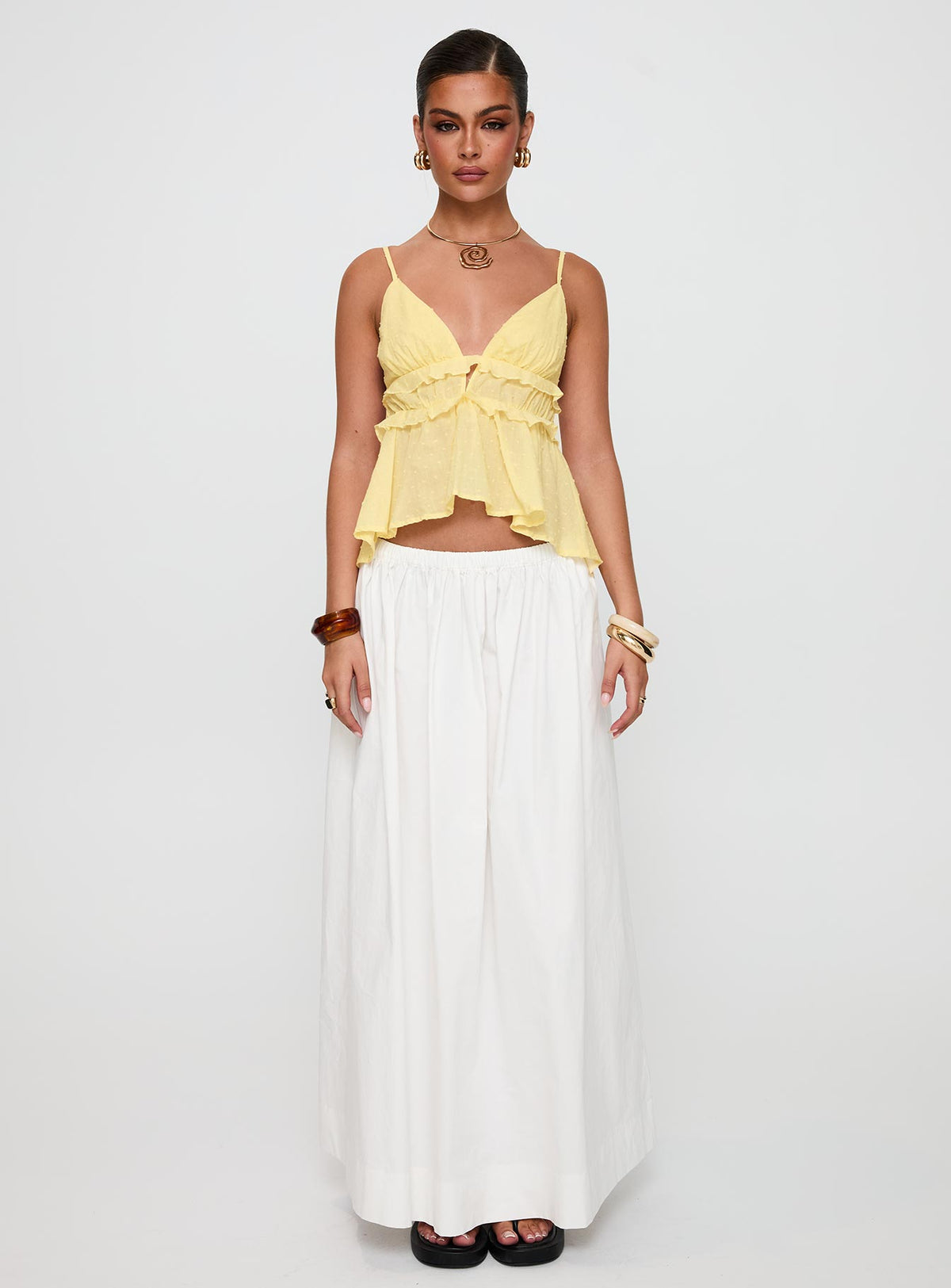 front view of model wearing Princess Polly Blondelle Frill Detail Top Yellow Sleeveless Plunger 