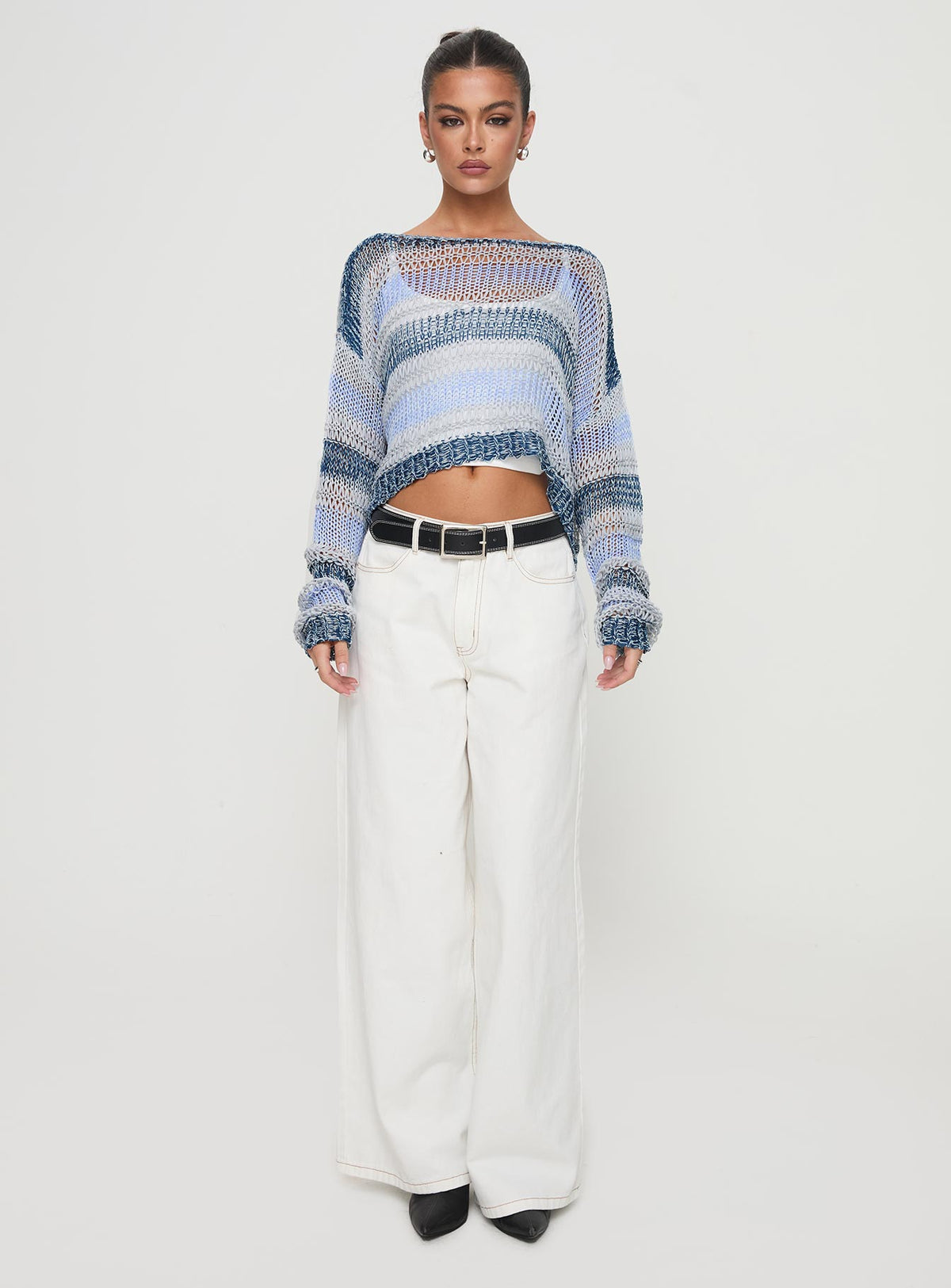Introducing the Perren Sweater Blue Stripe womens-jumpers in short length front view of model wearing Princess Polly