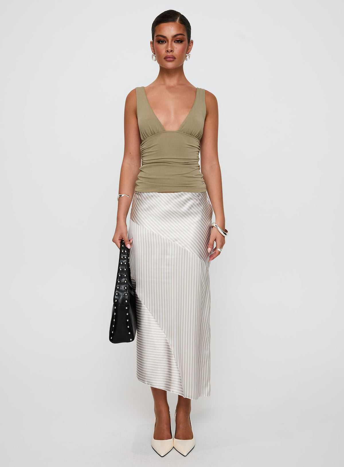   front view of model wearing Princess Polly Priscella Asymmetrical Midi Skirt Multi Midi Skirts Skirts 