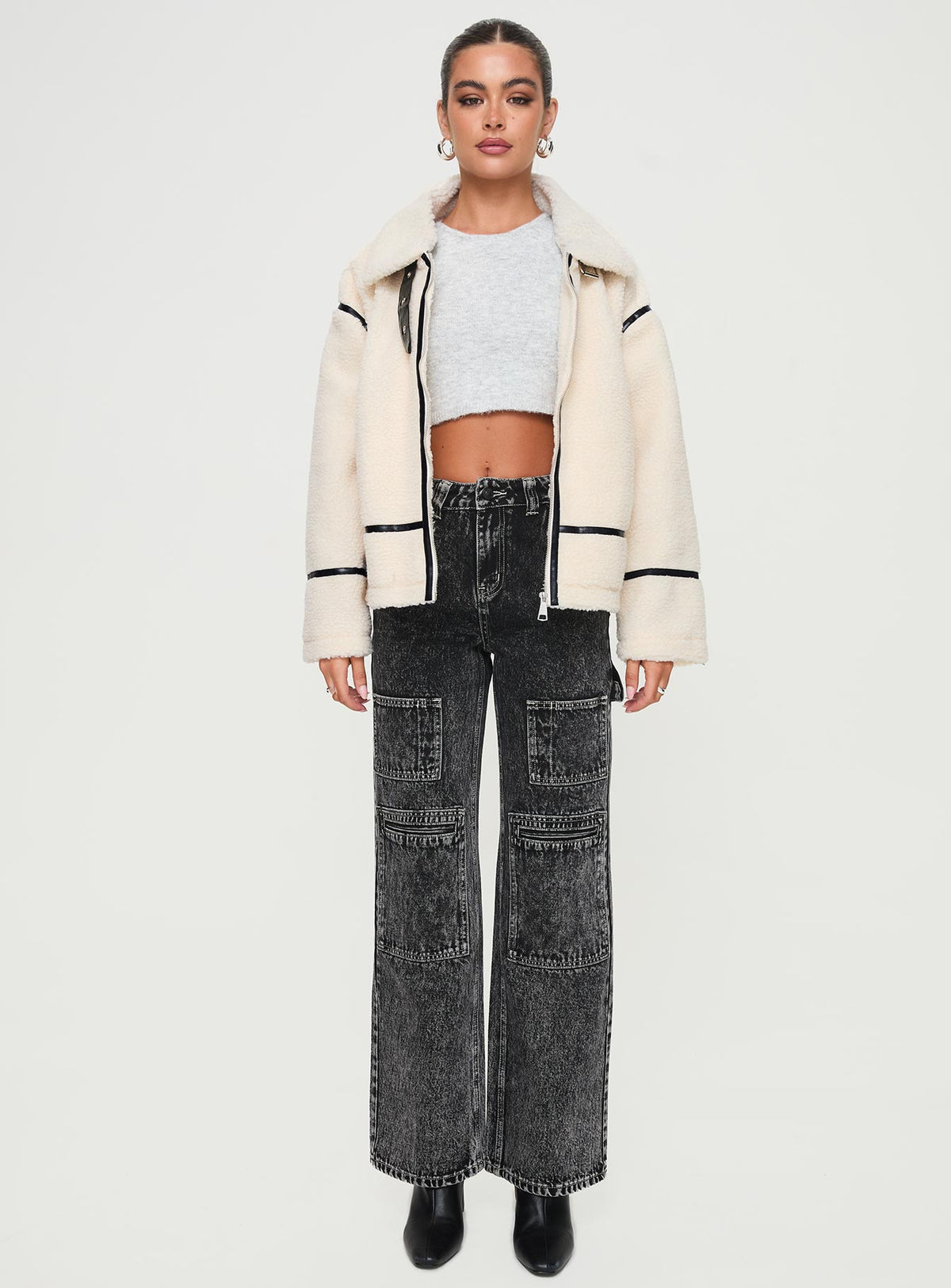 Cream shearling jacket Classic collar, exposed zip fastening, twin pockets, faux leather stitching, buckle detail