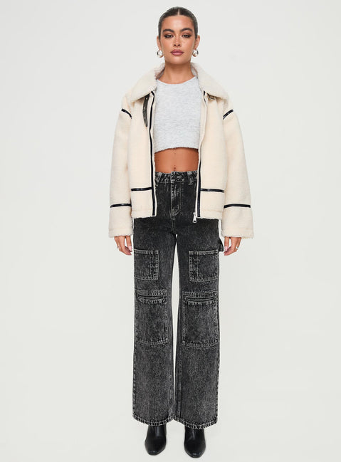 Cream shearling jacket Classic collar, exposed zip fastening, twin pockets, faux leather stitching, buckle detail