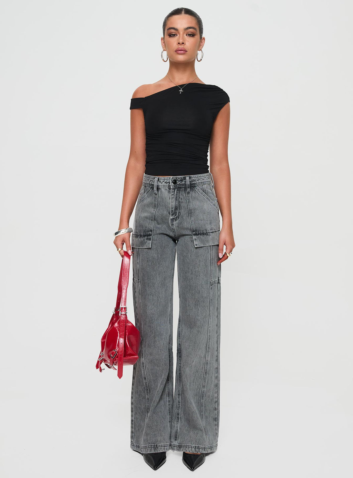 front view of model wearing Princess Polly Chad High Rise Flared Cargo Jeans Washed Grey Mid Rise Jeans Jeans 