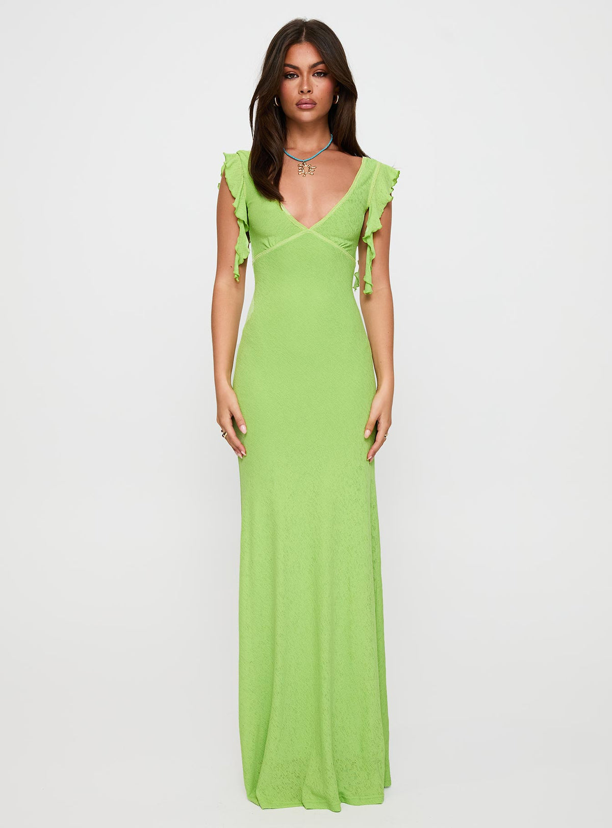 front view of model wearing Princess Polly Soleila Maxi Dress Green Tonal Plunger 