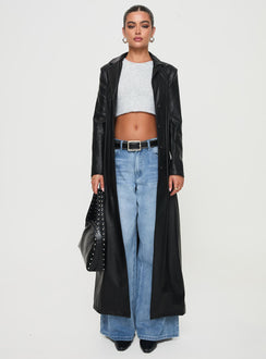 <ul> <li>Faux leather coat</li> <li>Lapel collar, button fastening down front, shoulder pads</li> </ul>