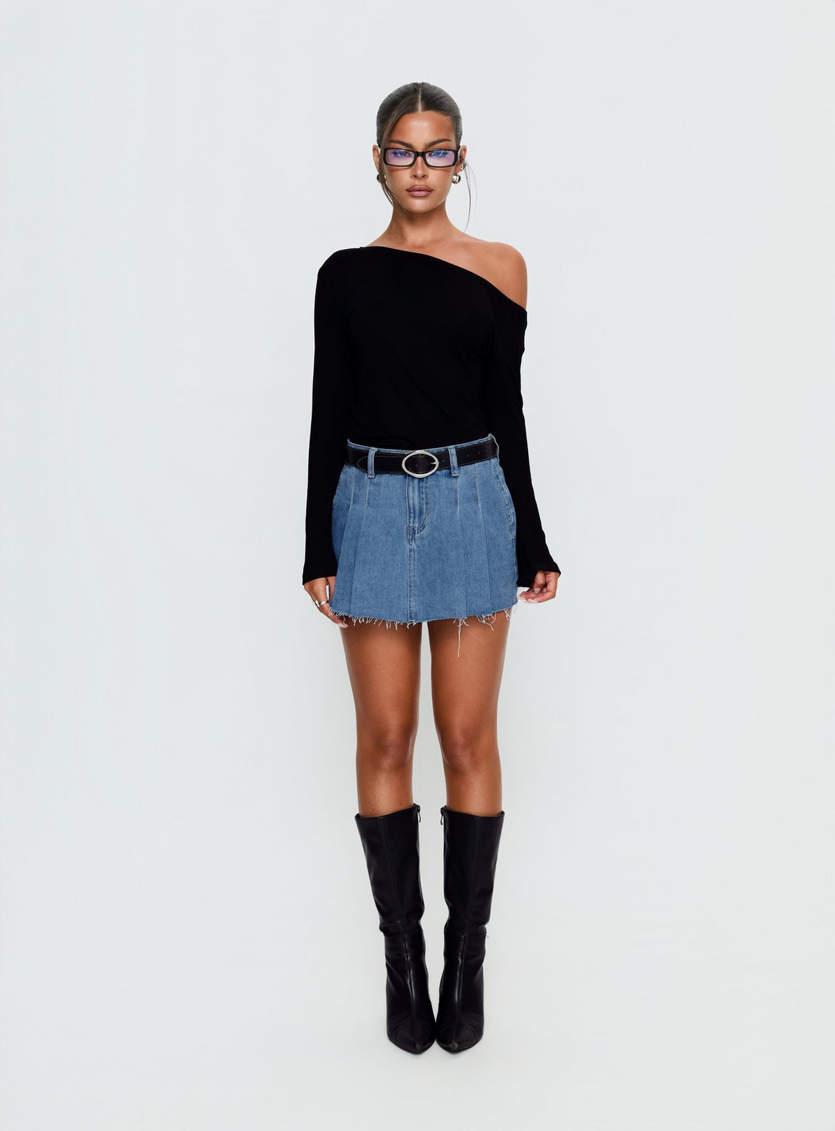   front view of model wearing Princess Polly Debera Pleated Mini Skirt Mid Blue Wash Skirts 