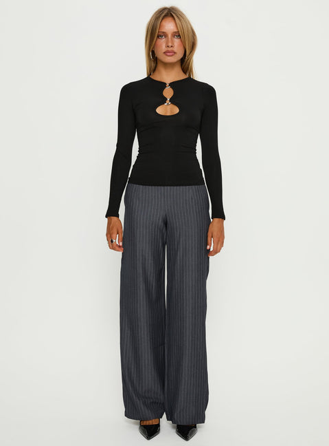 front view of model wearing Princess Polly Khane Low Rise Wide Leg Pant Charcoal Pinstripe Mid Rise Pants Pants 