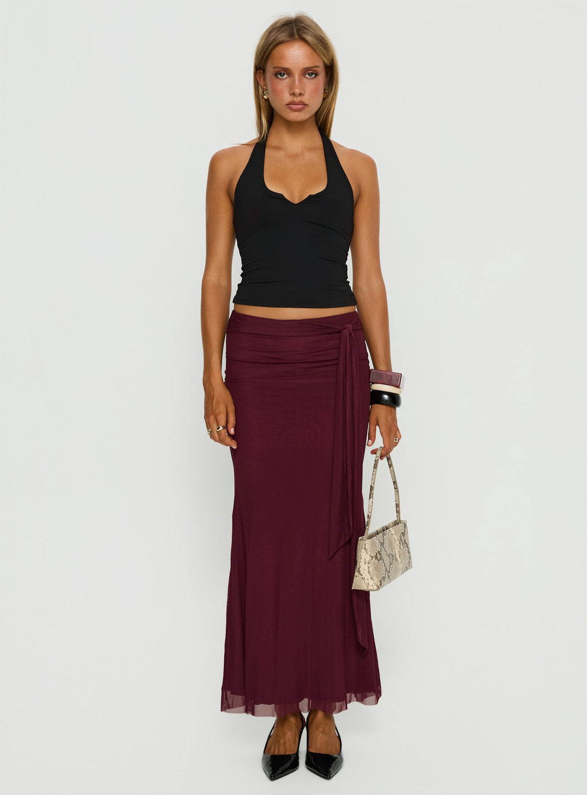   front view of model wearing Princess Polly Caviar Tie Maxi Skirt Currant Maxi Skirts Skirts 