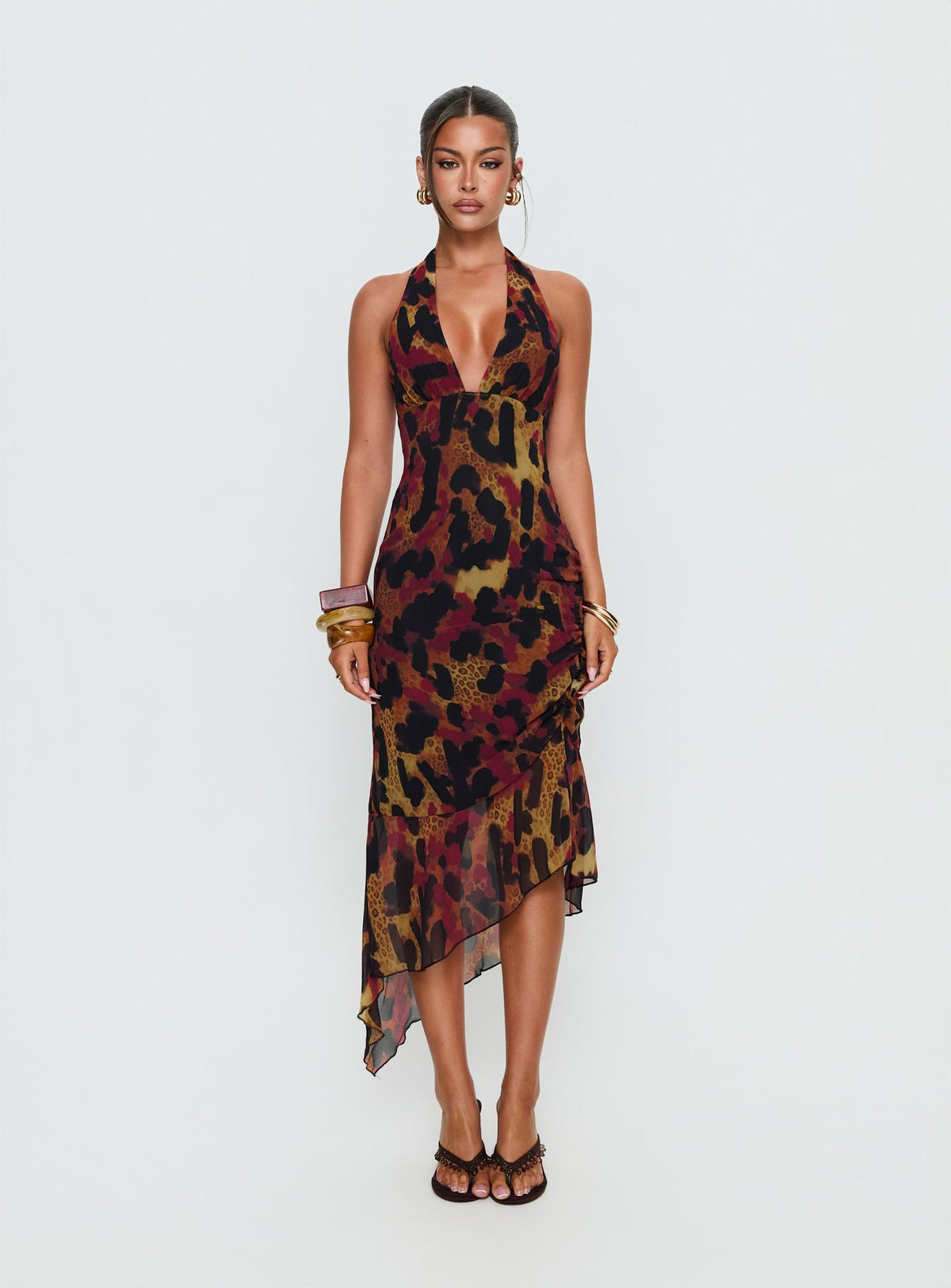 Katriona Halter Asymmetrical Maxi Dress Leopard Multi
